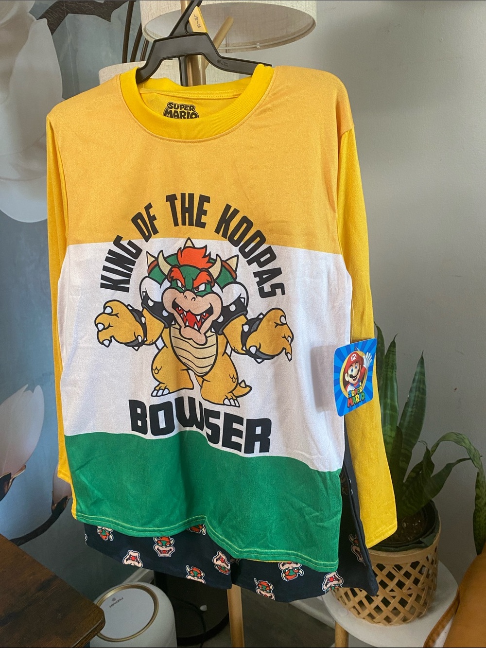 Super Mario Bowser Colorblock Kids Long-Sleeve Pajama Top - Yellow/White/Green